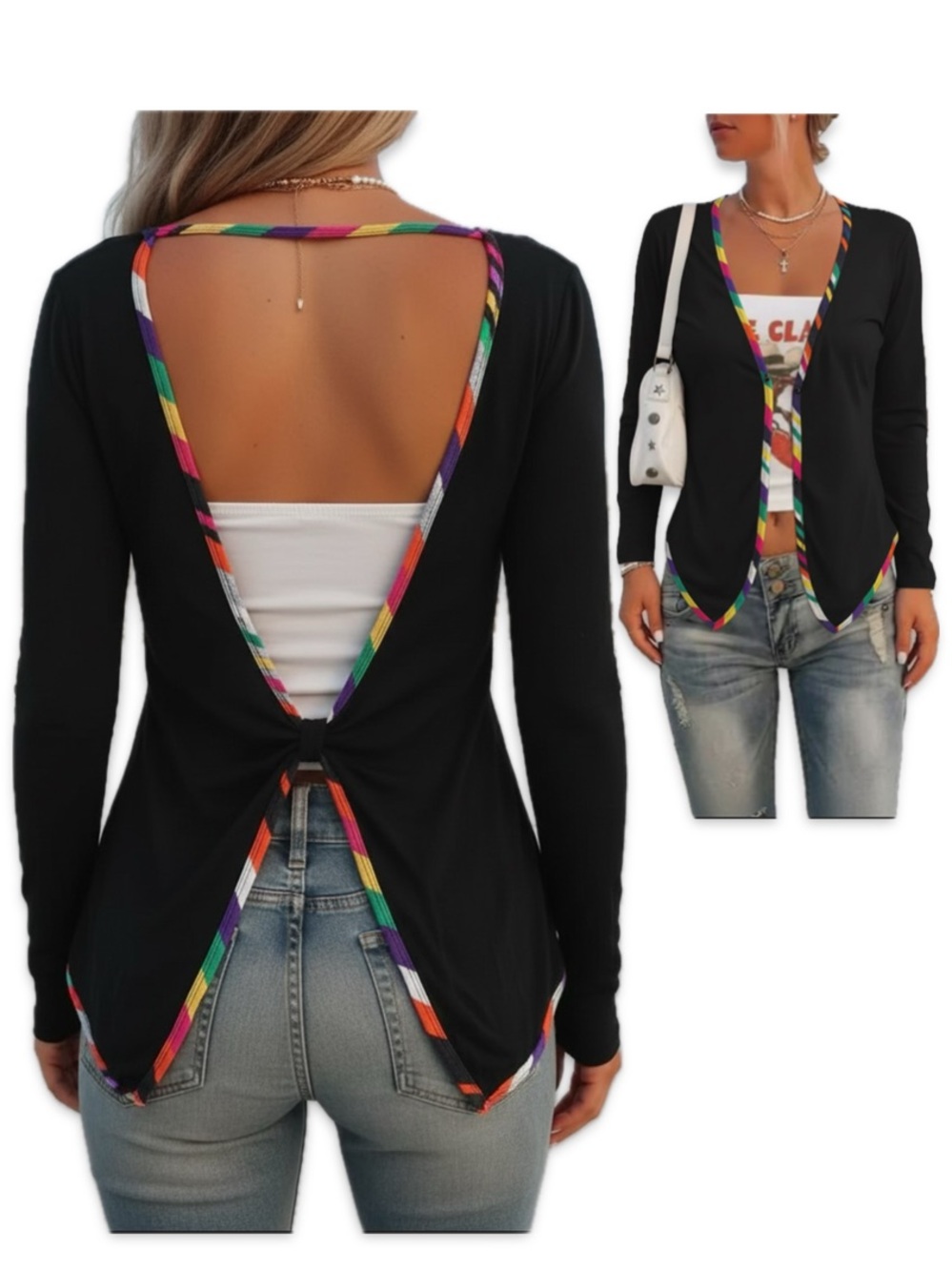 Vintage Rainbow Trim Convertible Open Back Cardigan Top One size fits most. - Picture 4 of 13